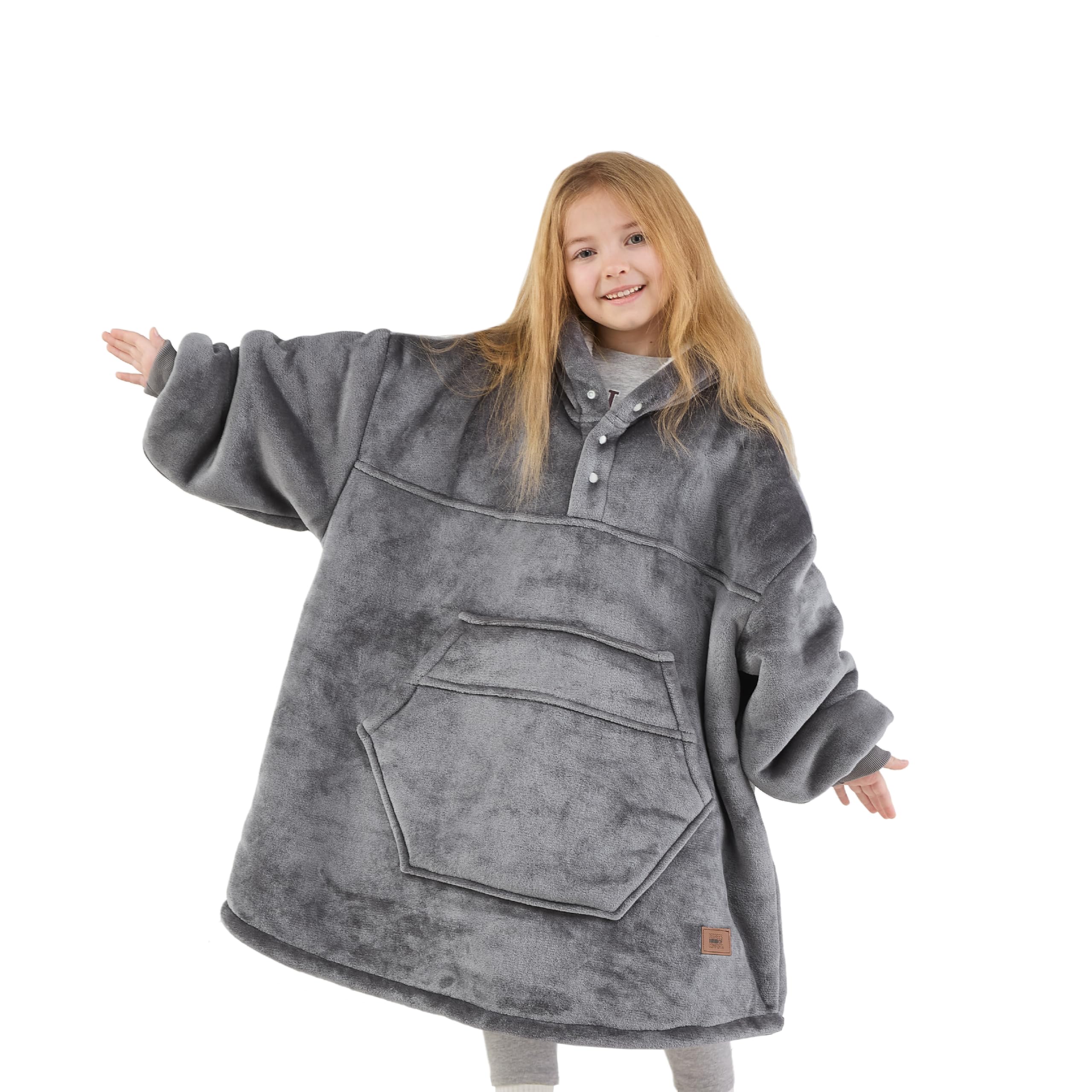 Degrees Of Comfort Wearable Blanket Hoodie For Kids, Sherpa Lined Hooded Blankets Sweatshirt With Pockets, Grey, One Size Fits A